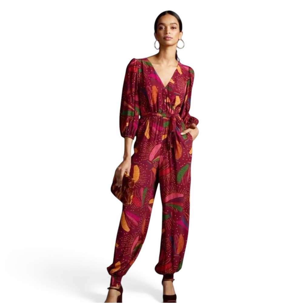 FARM Rio Burgundy Tropical Print Jumpsuit with Green & Orange Accents Sz Med $18